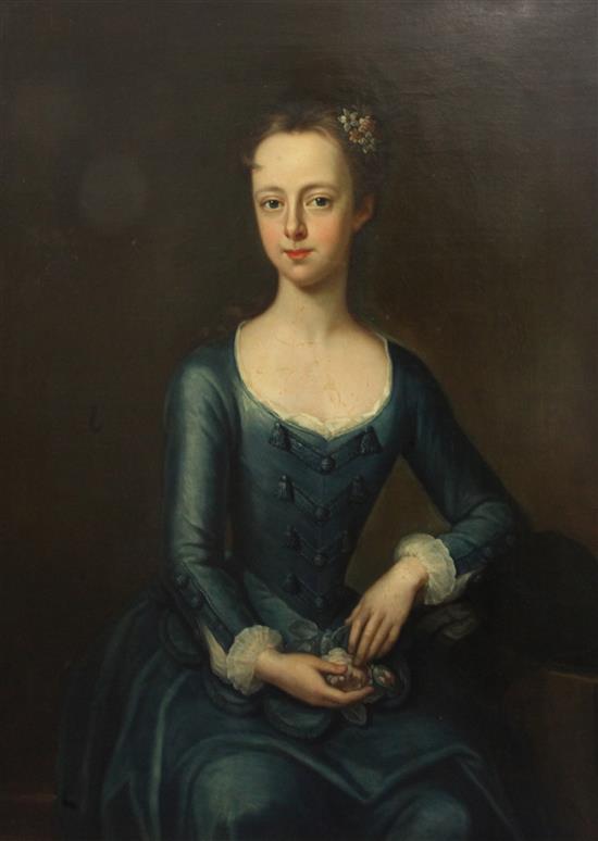 Attributed to Michael Dahl (1646-1743) Portrait of a lady seated in a blue dress with flowers in her hair, 36 x 28in.